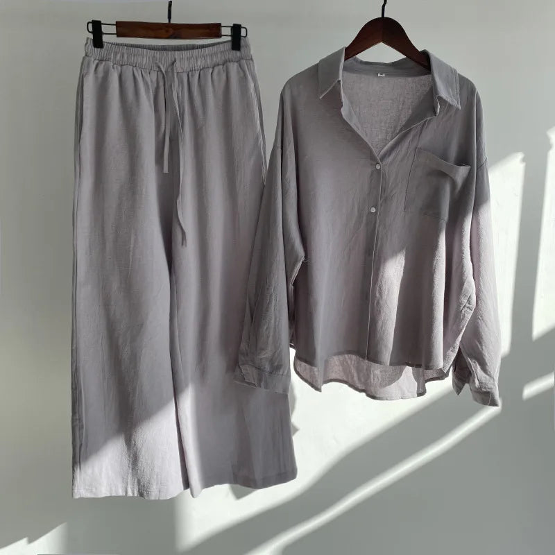 cotton and linen shirt suits for women solid color high waisted loose pants set