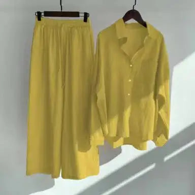 cotton and linen shirt suits for women solid color high waisted loose pants set