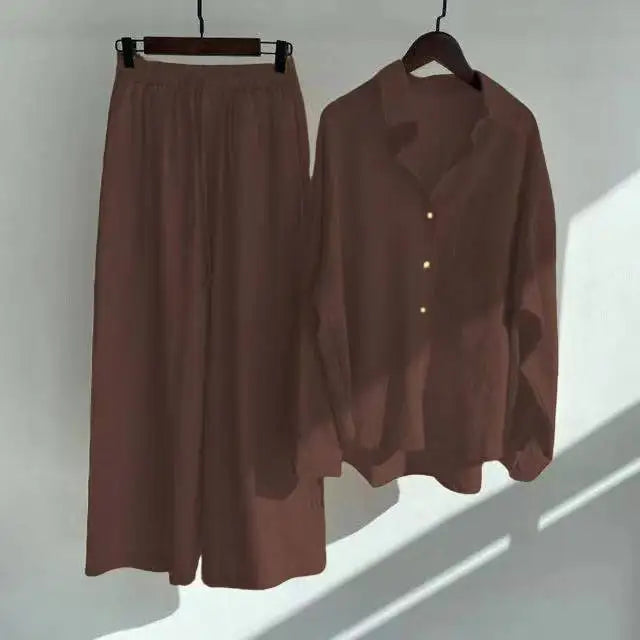 cotton and linen shirt suits for women solid color high waisted loose pants set