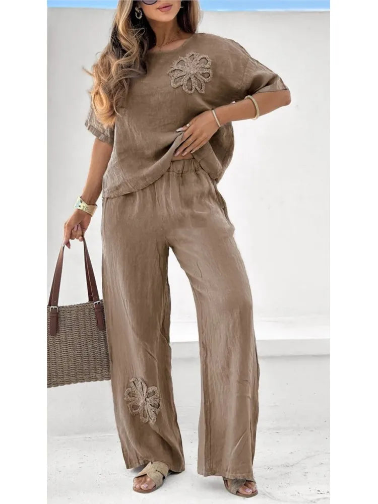 Summer Women Elegant Solid Embroidered Pants