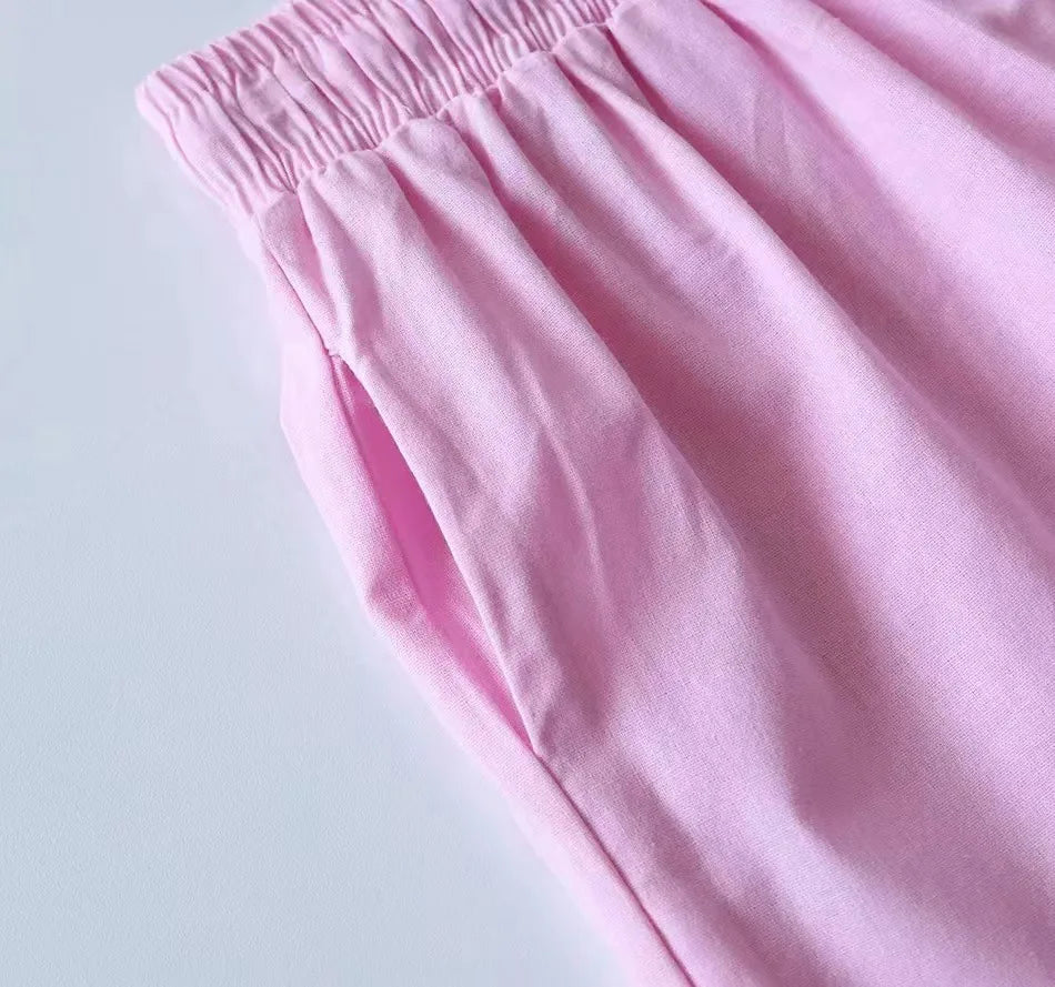 cotton and linen shirt suits for women solid color high waisted loose pants set