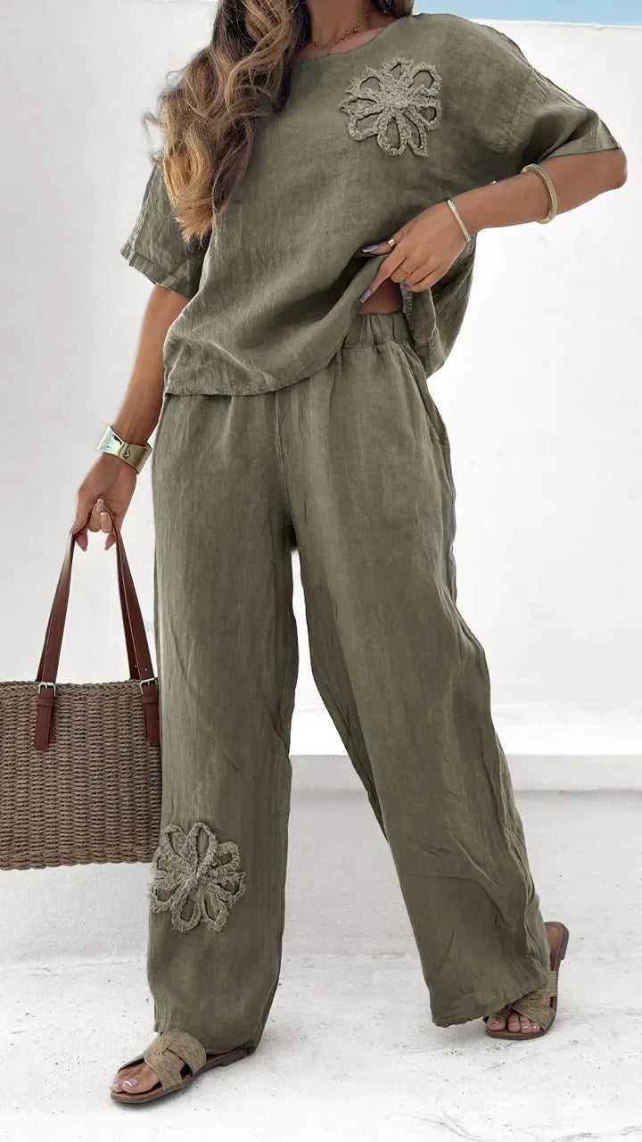 Summer Women Elegant Solid Embroidered Pants