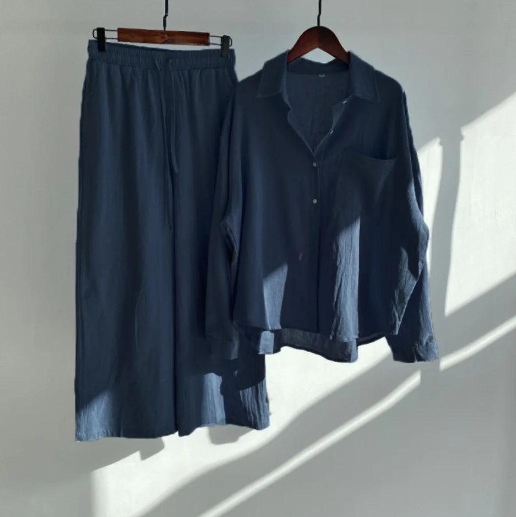 cotton and linen shirt suits for women solid color high waisted loose pants set
