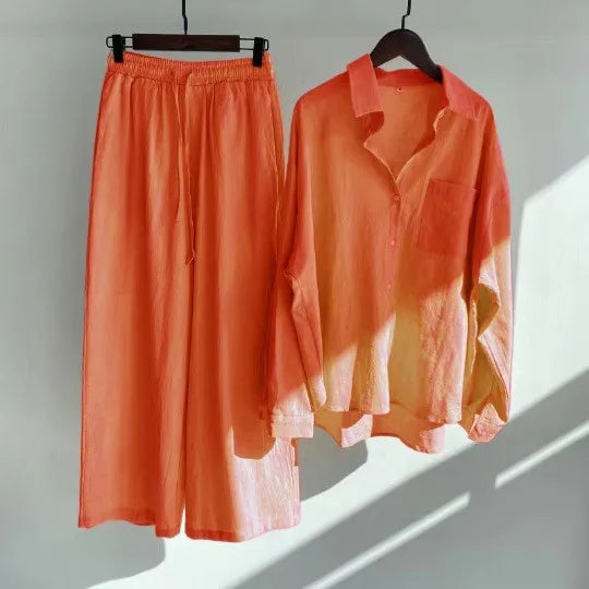 cotton and linen shirt suits for women solid color high waisted loose pants set