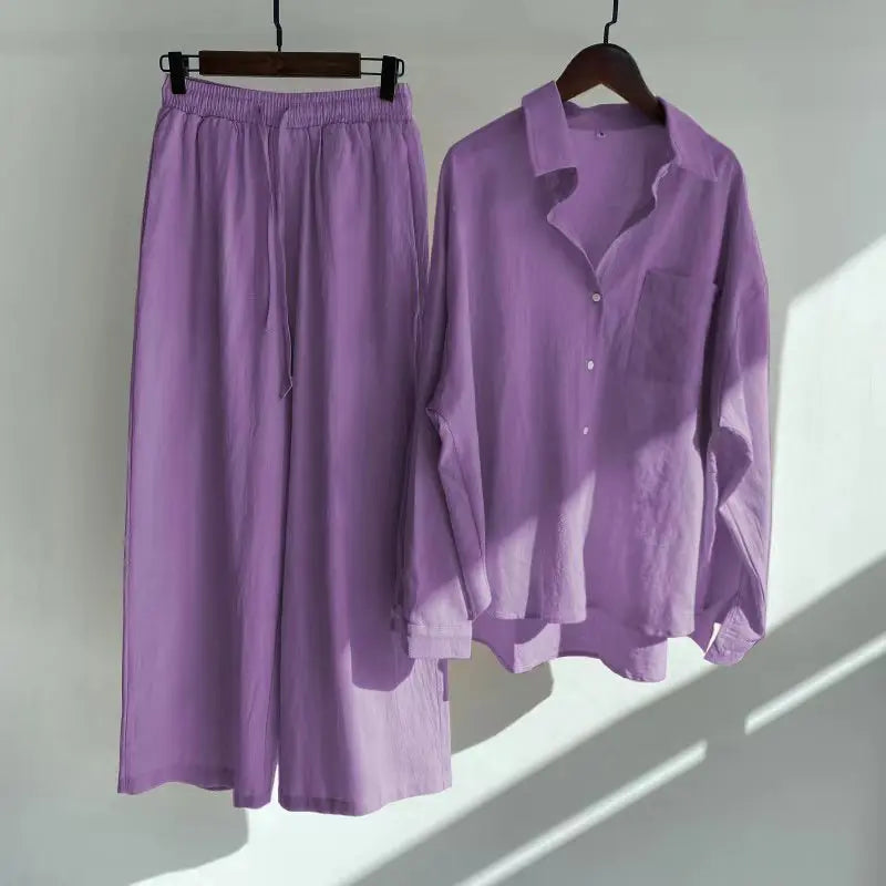 cotton and linen shirt suits for women solid color high waisted loose pants set