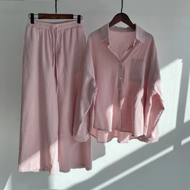 cotton and linen shirt suits for women solid color high waisted loose pants set