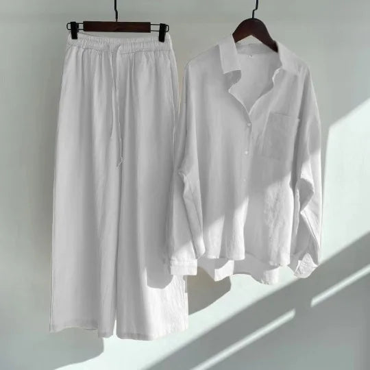 cotton and linen shirt suits for women solid color high waisted loose pants set