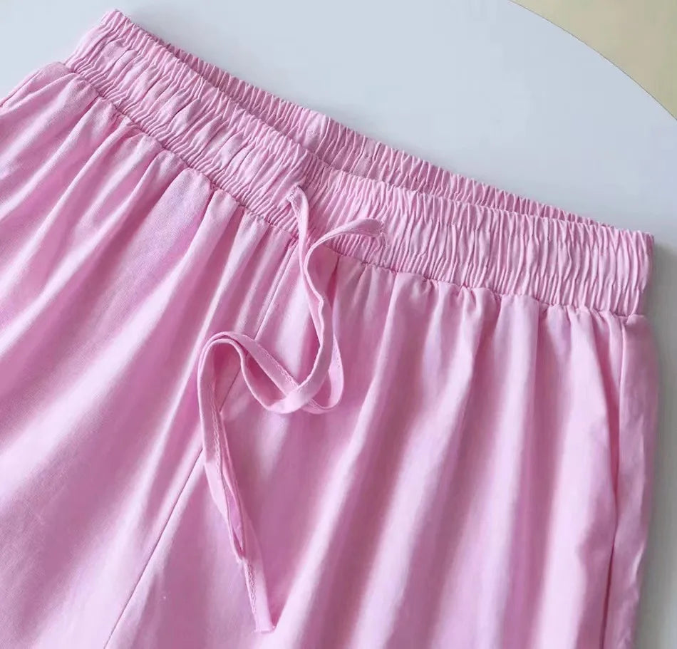 cotton and linen shirt suits for women solid color high waisted loose pants set