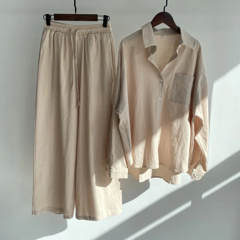 cotton and linen shirt suits for women solid color high waisted loose pants set