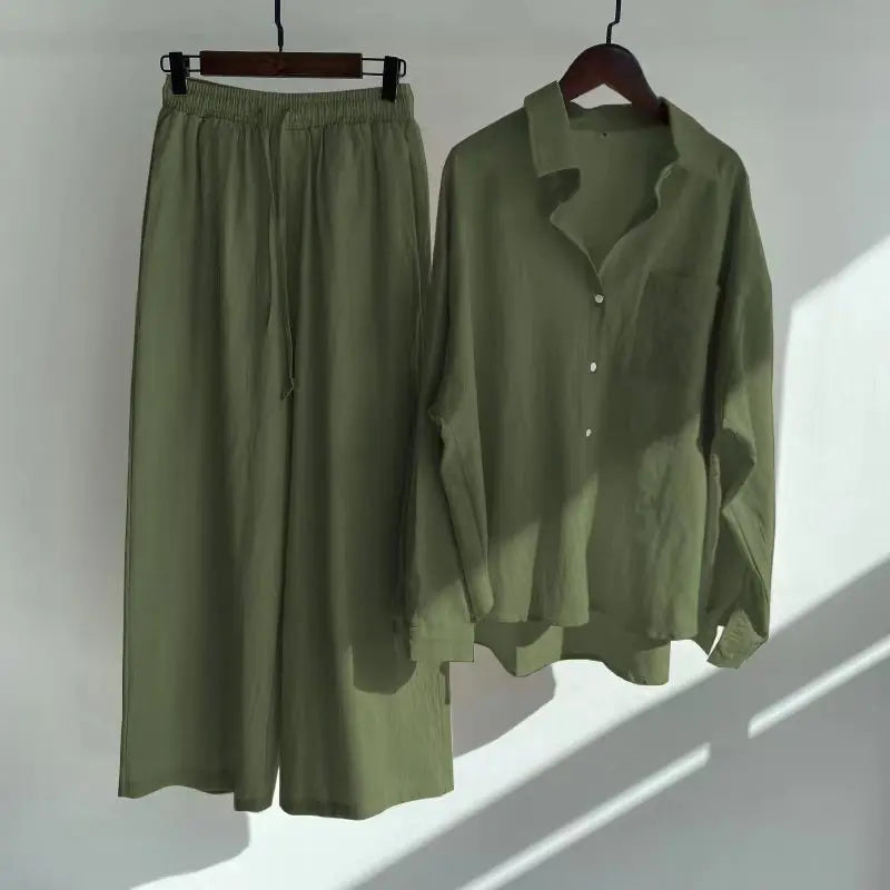 cotton and linen shirt suits for women solid color high waisted loose pants set