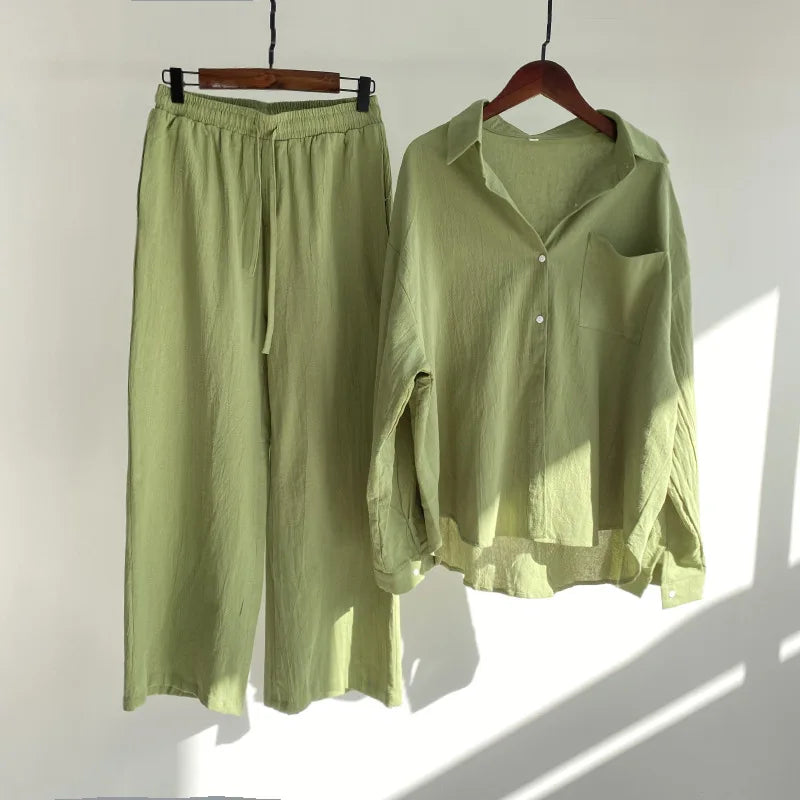 cotton and linen shirt suits for women solid color high waisted loose pants set