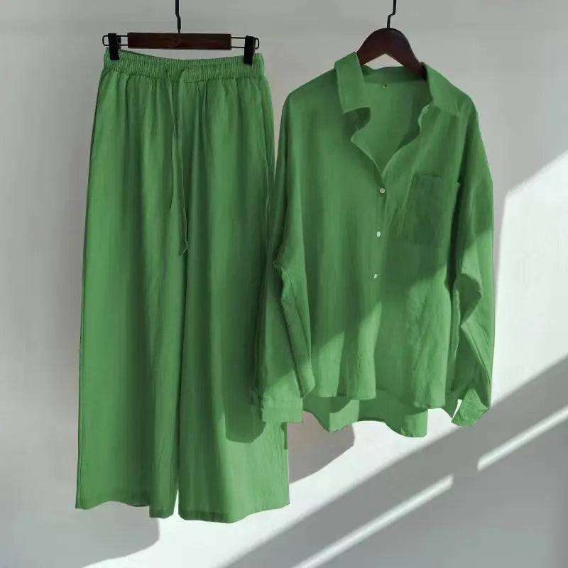 cotton and linen shirt suits for women solid color high waisted loose pants set