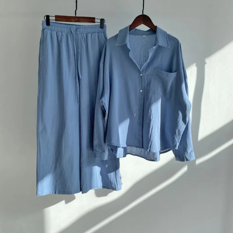 cotton and linen shirt suits for women solid color high waisted loose pants set