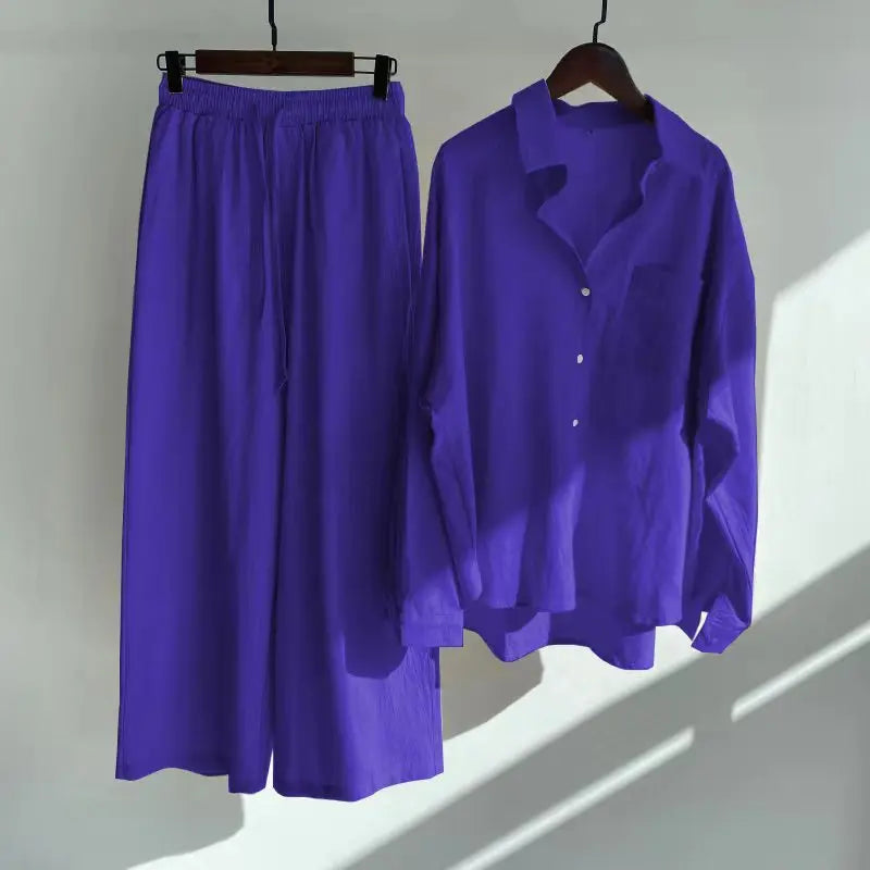 cotton and linen shirt suits for women solid color high waisted loose pants set