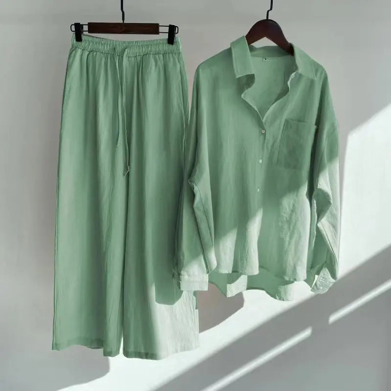 cotton and linen shirt suits for women solid color high waisted loose pants set