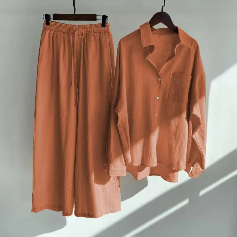 cotton and linen shirt suits for women solid color high waisted loose pants set