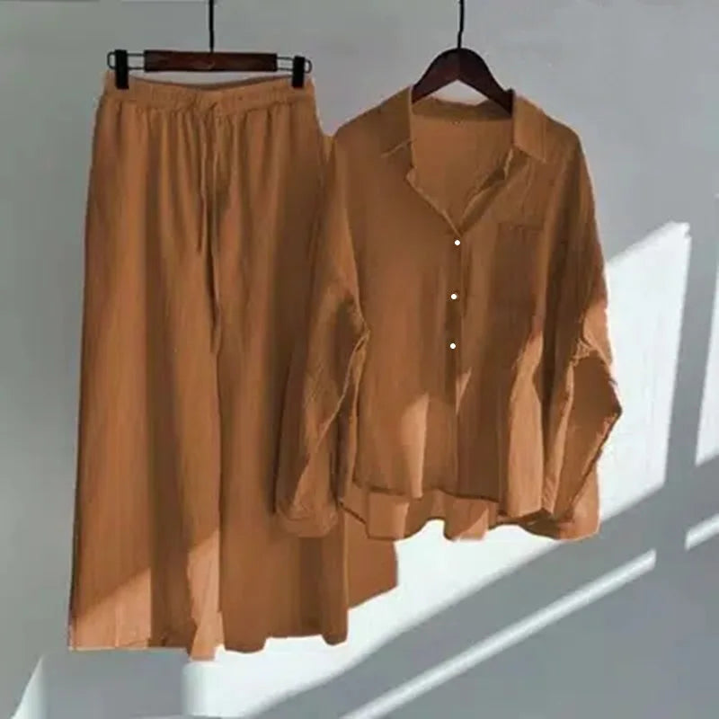 cotton and linen shirt suits for women solid color high waisted loose pants set
