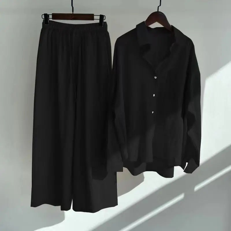 cotton and linen shirt suits for women solid color high waisted loose pants set